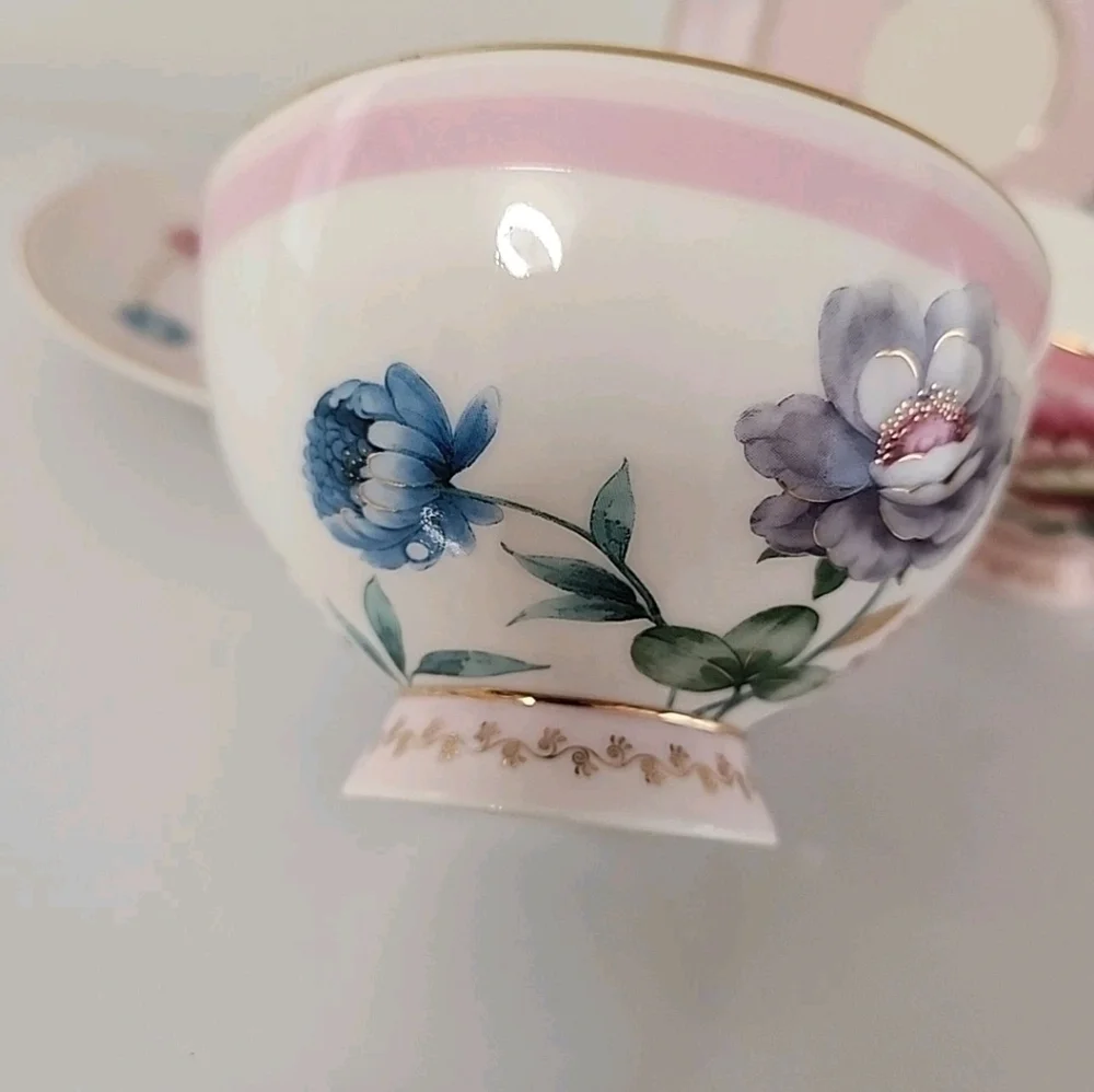 Grace Teaware Pink Floral Tea Cup Saucer Set 2 Cottagecore Gold Gilt Tea Party